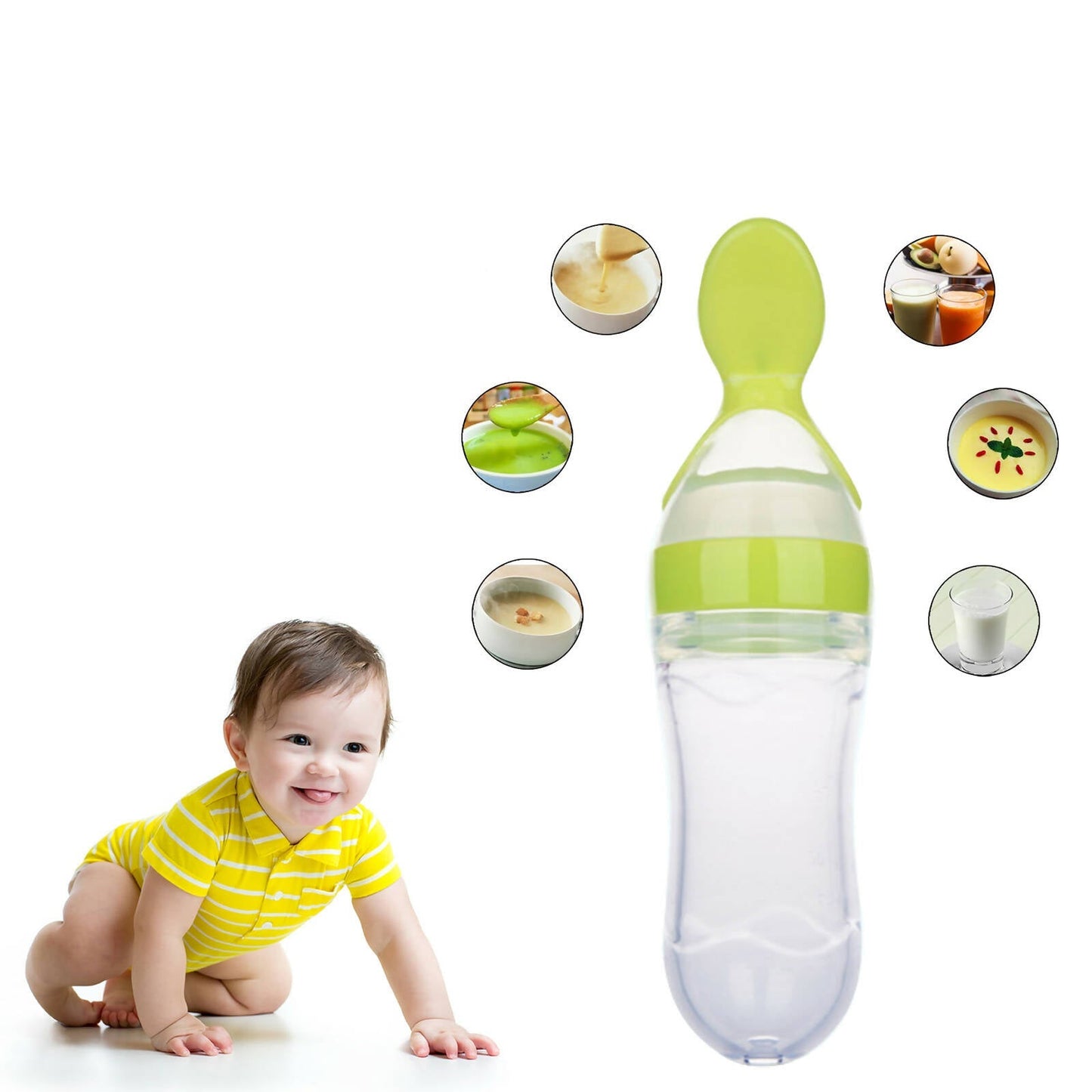 Safe-O-Kid Easy Set of 2 Squeezy Silicone Food Feeder Spoon (Soft Tip) Bottle- Green- 90mL