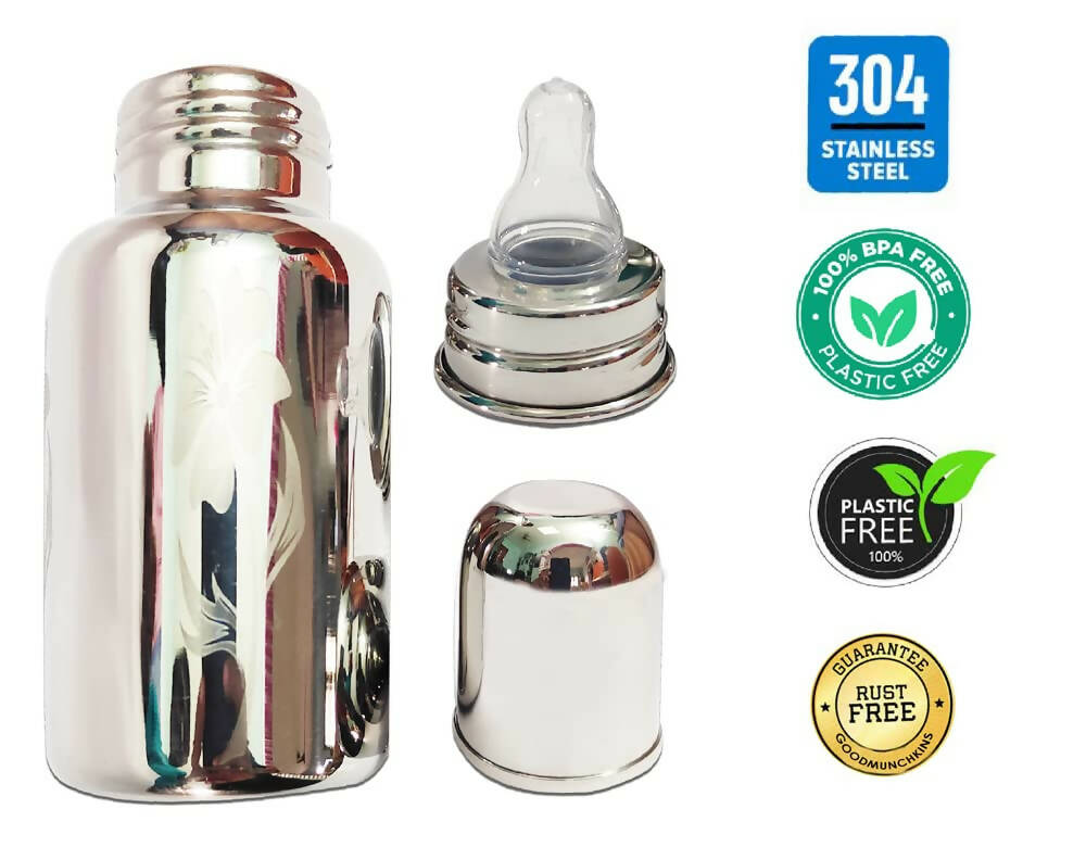 Goodmunchkins Stainless Steel Baby Feeding Bottle 304 Grade for Infants/Toddlers with Bottle Cleaning Brush-220ml