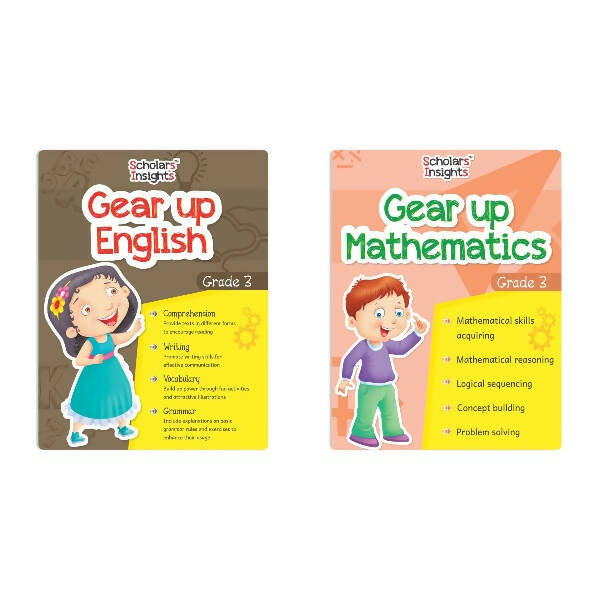 Scholars Insights Gear Up English & Maths Grade 3 Books Set of 2| Grammar Skills, Logical Reasoning, Problem Solving Book for Kids| Ages 8-9 Years