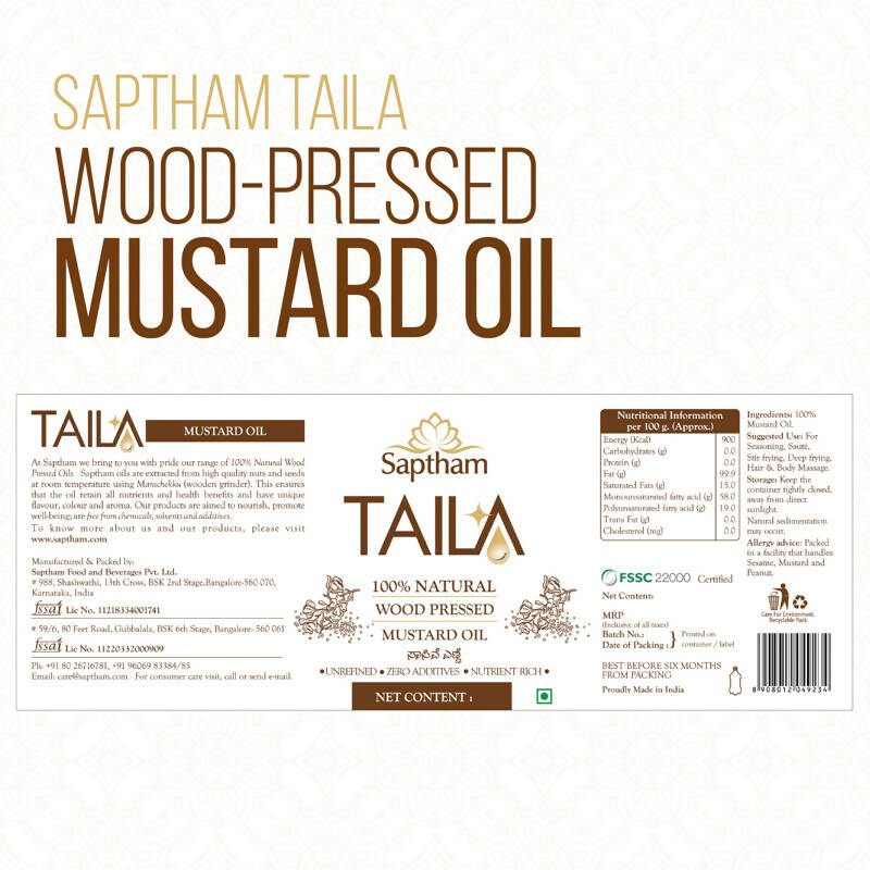 Saptham Taila 100% Wood Pressed Mustard Oil