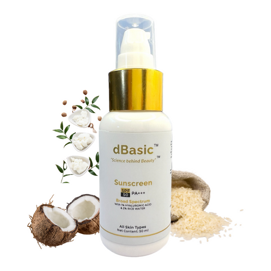 dBasic Sunscreen SPF50 PA+++ UVA/UVB, Blue Light Filter, Rice Water, Shea Butter & No White Cast