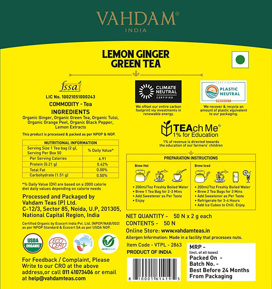 Vahdam Lemon Ginger Green Tea