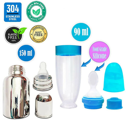Goodmunchkins Stainless Steel Feeding Bottle for Baby Anti Colic Silicon Nipple Feeder 150 ml Combo Pack-Blue