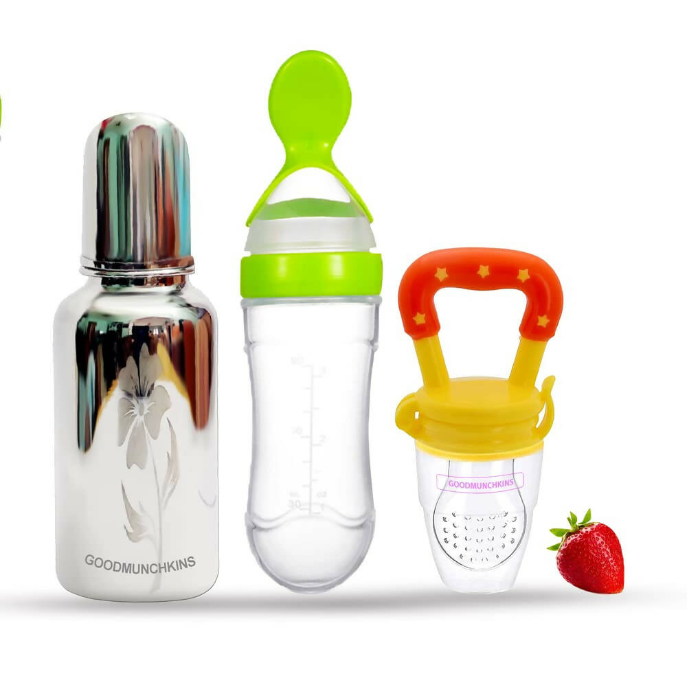 Goodmunchkins Stainless Steel Feeding Bottle, Food Feeder & Fruit Feeder Combo for Baby-(Green-Yellow, 220ml) -  USA, Australia, Canada 