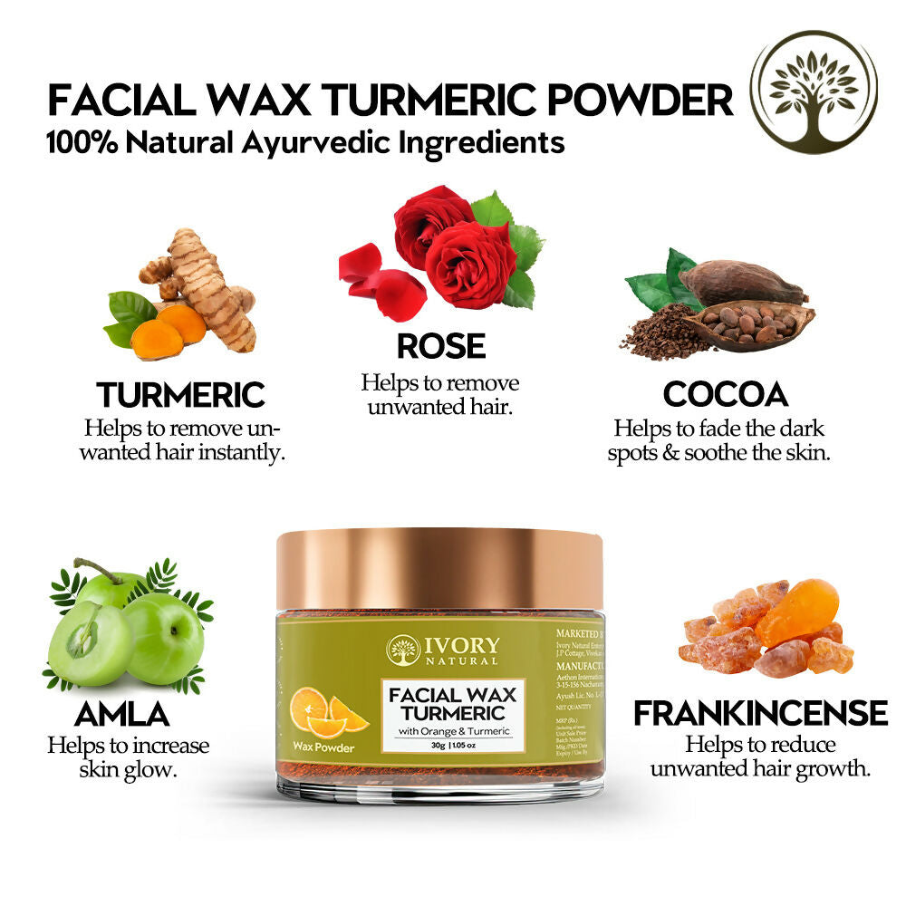 Ivory Natural Facial Wax Powder With Turmeric - Natural Facial Hair Removal Wax For Instant Skin Brightening