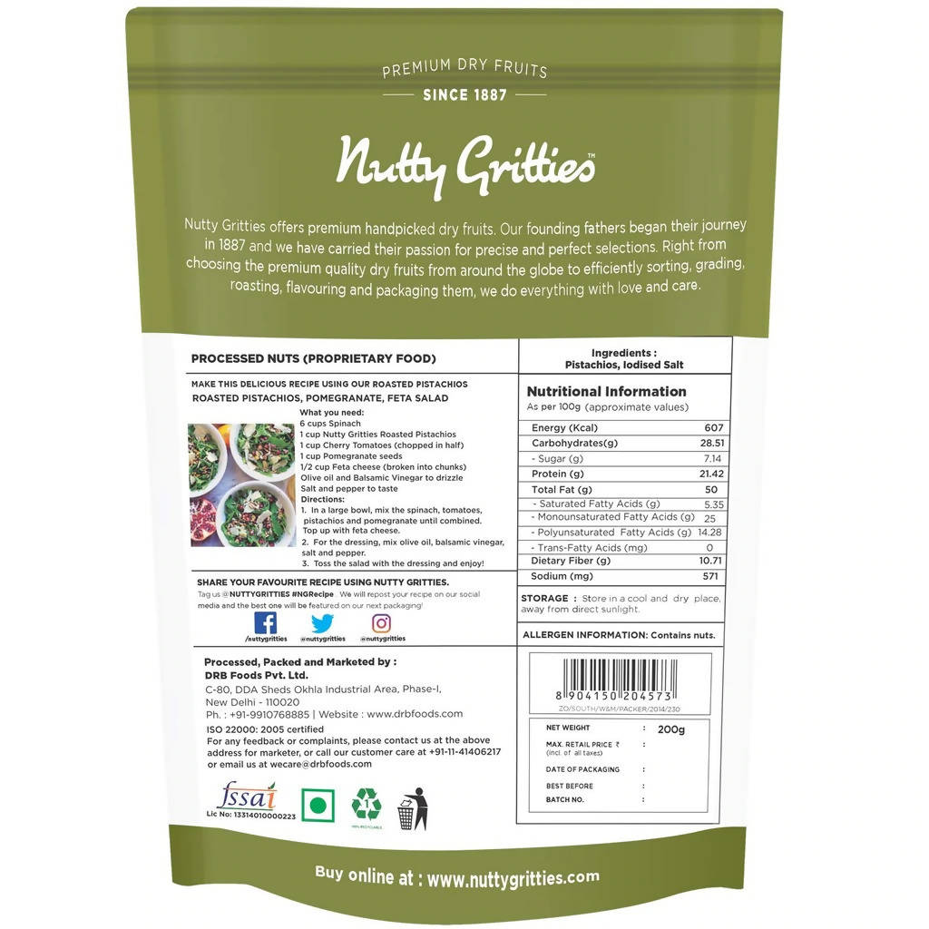 Nutty Gritties California Roasted Pistachios Lightly Salted