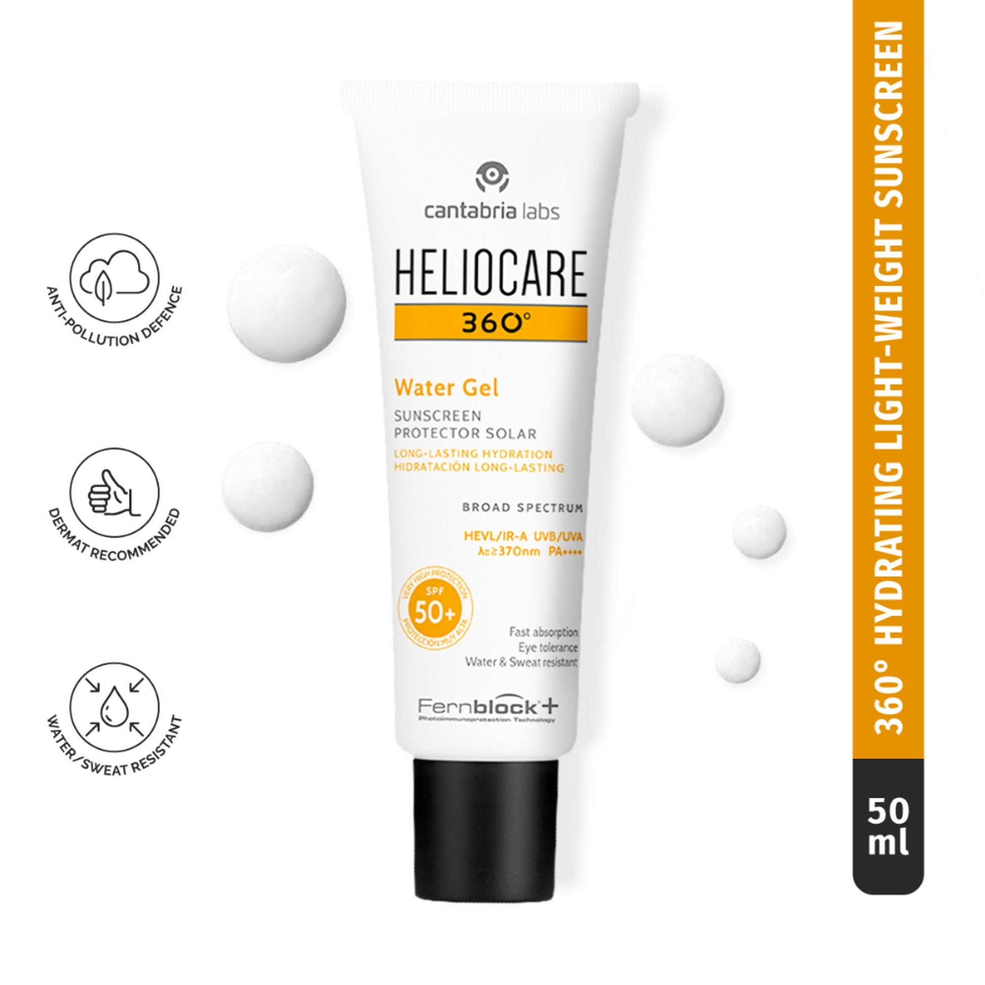 Heliocare Water Gel Hydrating Sunscreen SPF 50+ Pa++++, Water & Sweat Resistant, for Dry & Dull Skin - 50ML