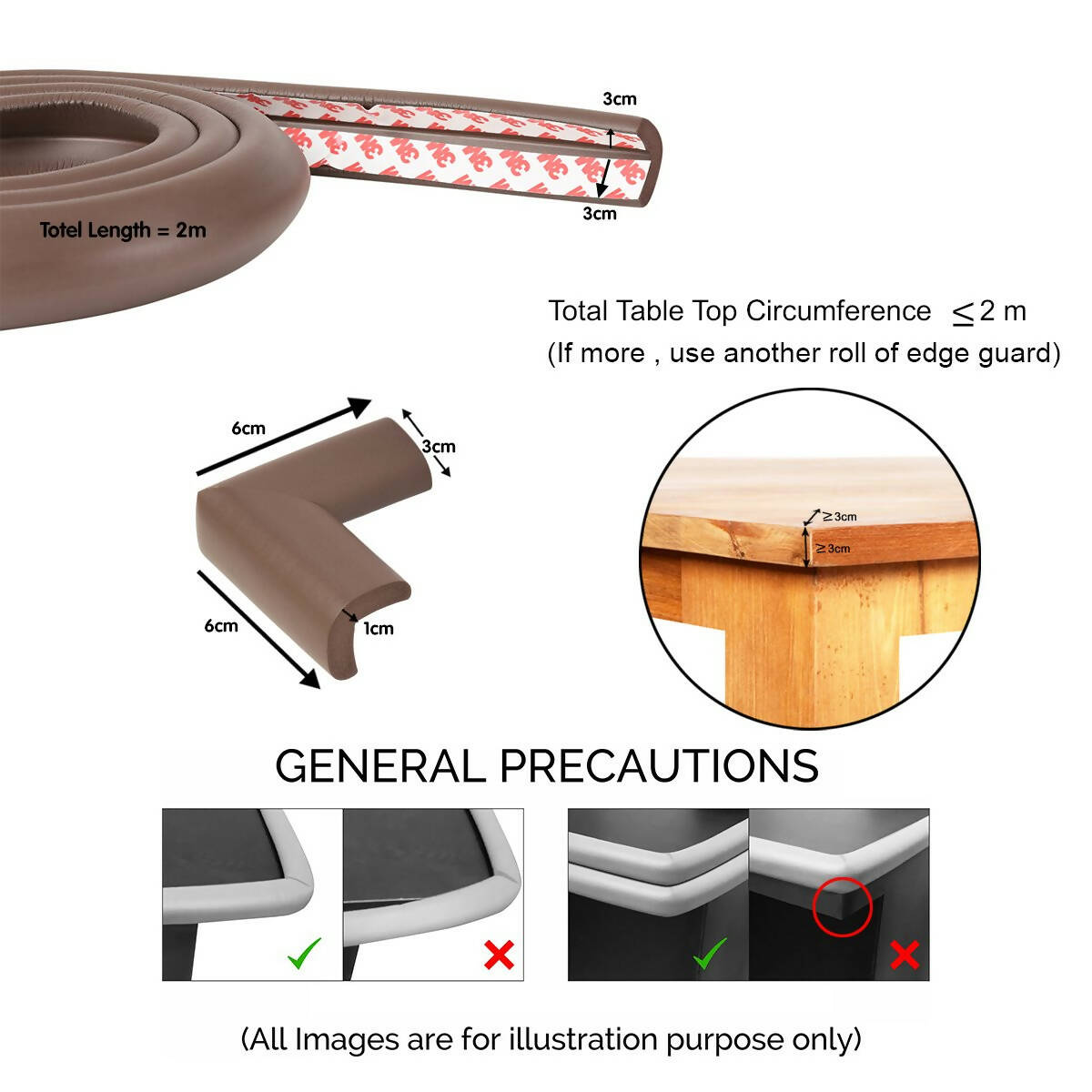Safe-O-Kid Unique High Density L-Shaped 2 Mtr Long 2 Large Edge Guard With 8 Corner Cushions - D.Brown