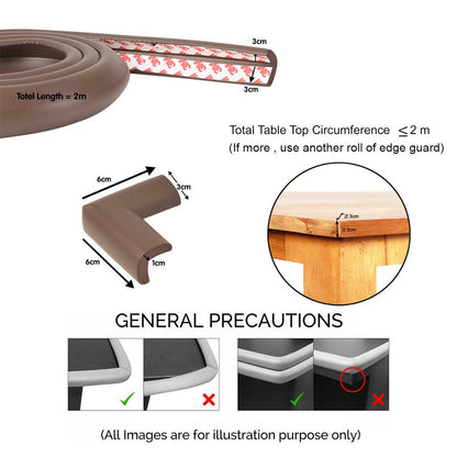 Safe-O-Kid Unique High Density L-Shaped 2 Mtr Long 2 Large Edge Guard With 8 Corner Cushions - D.Brown
