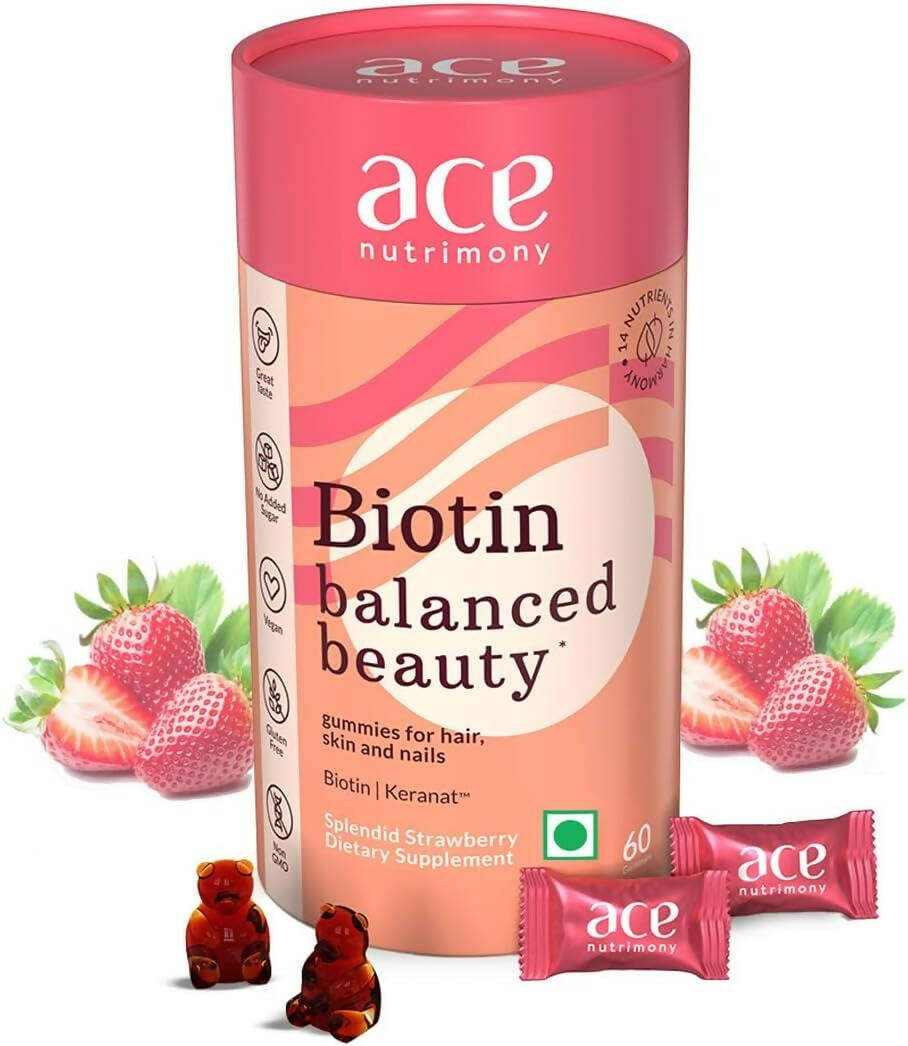 Ace Nutrimony Biotin Balanced Beauty Hair Gummies for Skin and Nails with Clinically Proven Keranat, Biotin - Strawberry - BUDNE