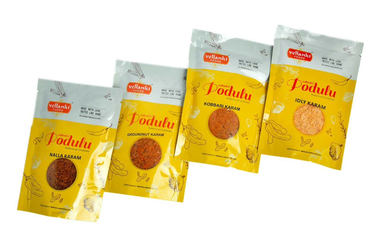 Vellanki Foods Powders 4 Pack Combo (Each 250 gm) - Nalla Karam, Idli Karam, Kobbari Karam, Palli Karam