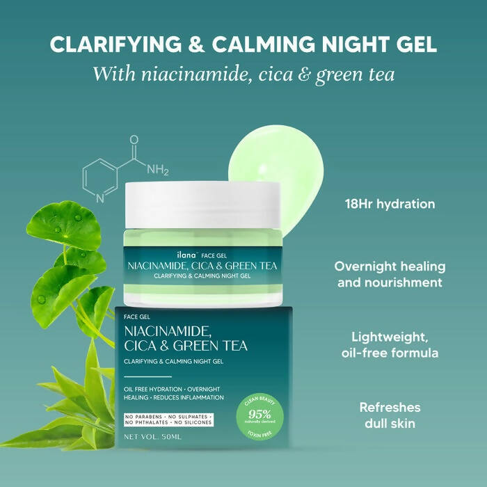 Ilana Clarifying & Calming Night Face Gel With Green Tea, Cica & 3% Niacinamide