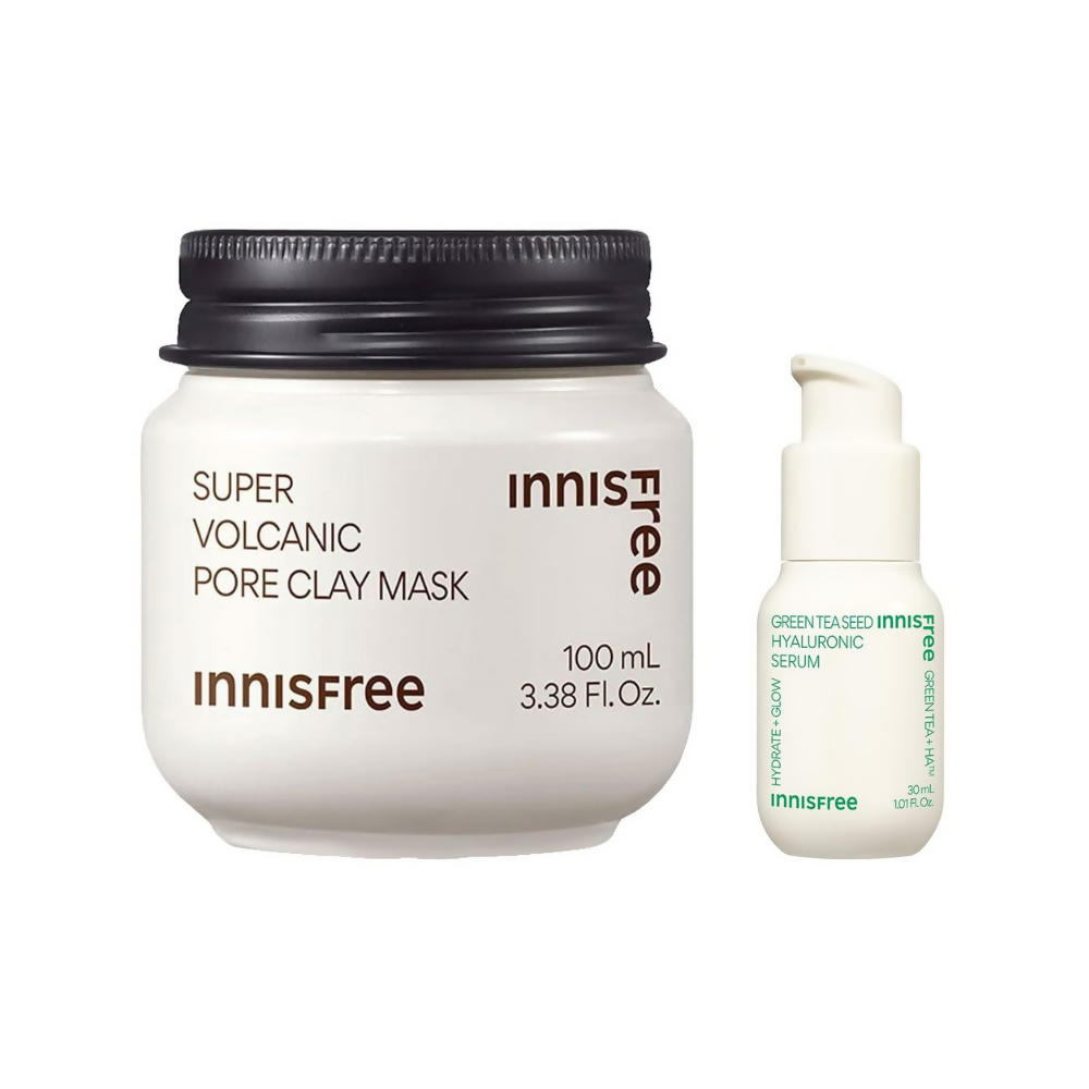 Innisfree Super Volcanic Pore Clay Mask 2x & Green Tea Hyaluronic Hydrating Serum Combo - 80GM