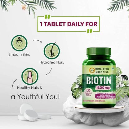 Himalayan Organics Biotin 10000 Mcg with Keratin, Amino Acids & Multivitamin Tablets