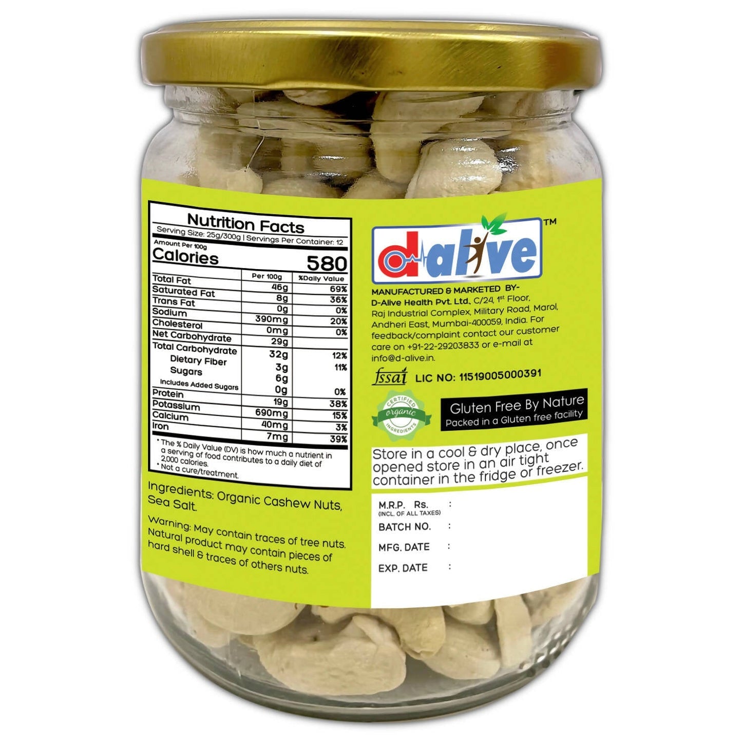 D-Alive Honestly Organic Activated Cashews