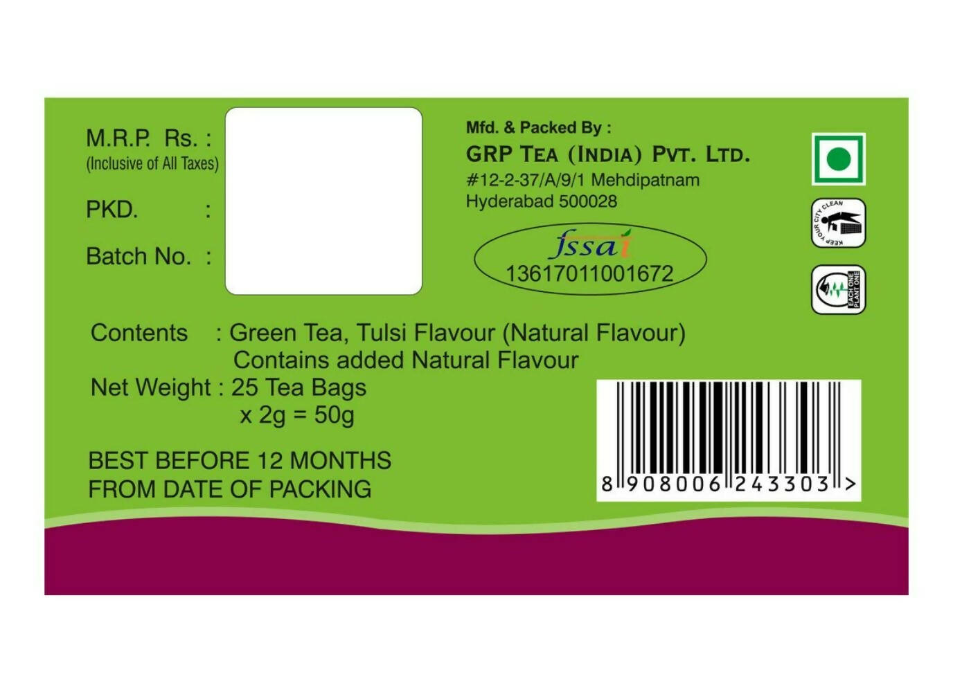 Tanza Tea Slim Green Tea Bags Tulsi Herbal