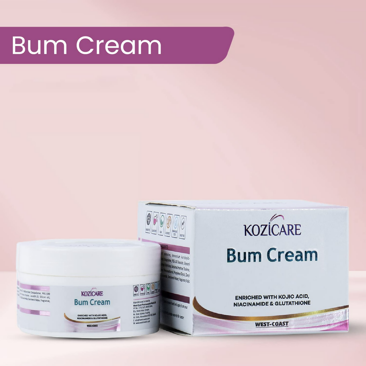 Healthvit Kozicare Bum Cream with 0.01% Glutathione, 1% Niacinamide