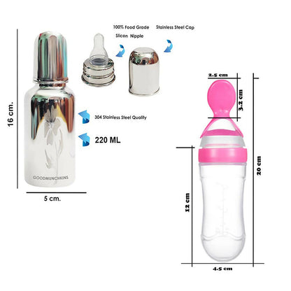 Goodmunchkins Stainless Steel Feeding Bottle & Spoon Food Feeder Anti Colic Silicone Nipple Combo-(Pink,220ml)