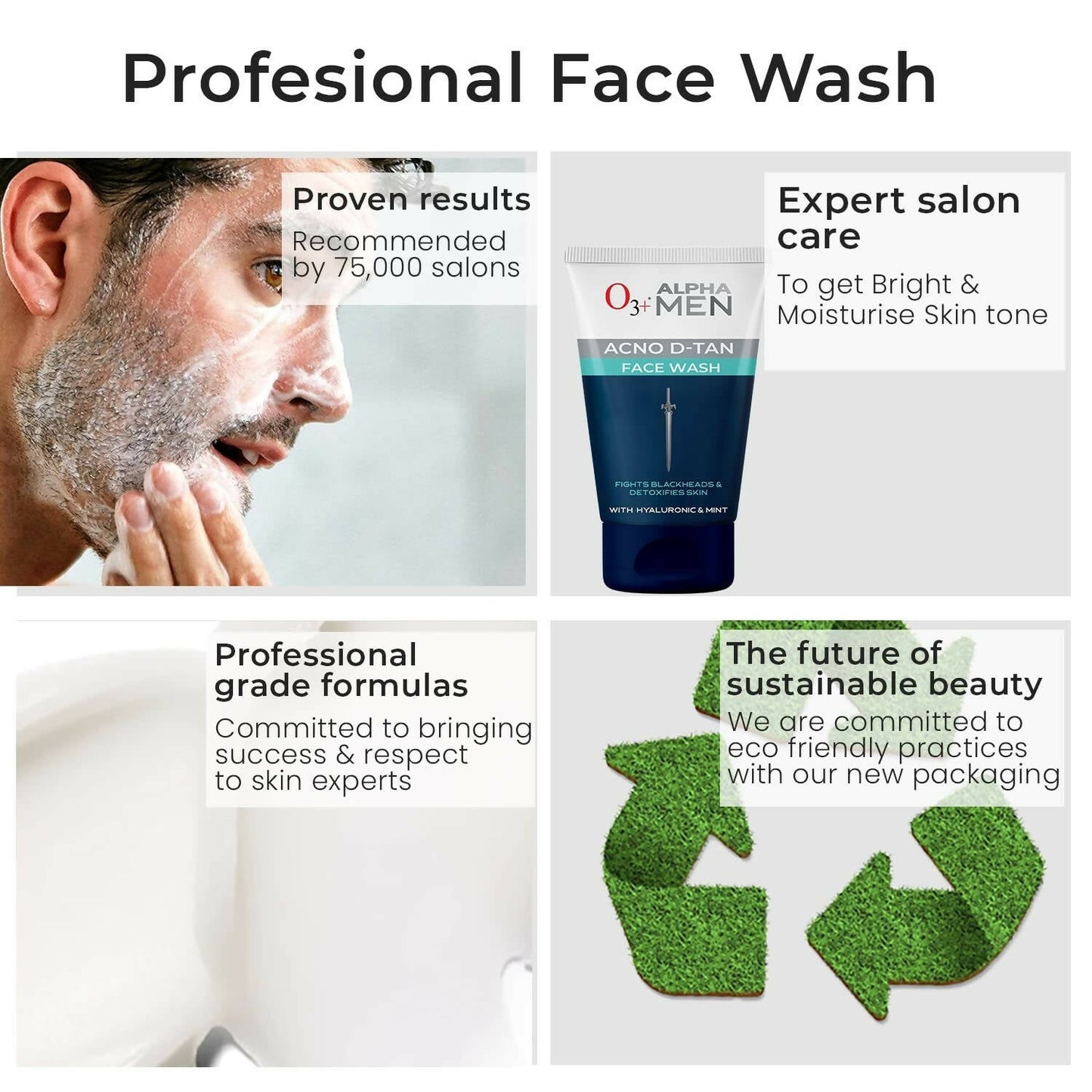 Professional O3+ Alpha Men Acno D-TAN Face Wash with Hyaluronic & Mint