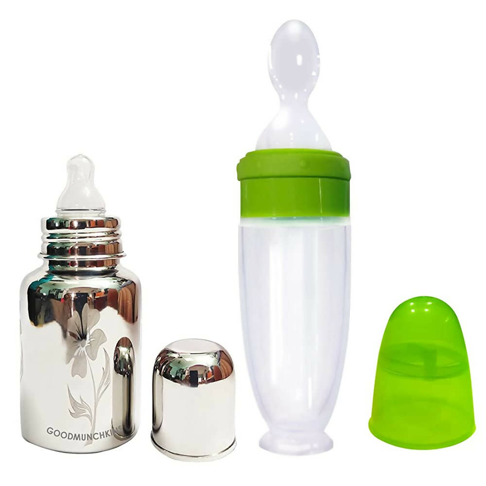 Goodmunchkins Stainless Steel Feeding Bottle 304 Grade Jointless & Spoon Food Feeder for Baby Nipple Feeder 150 ml Combo Pack-Green -  USA, Australia, Canada 