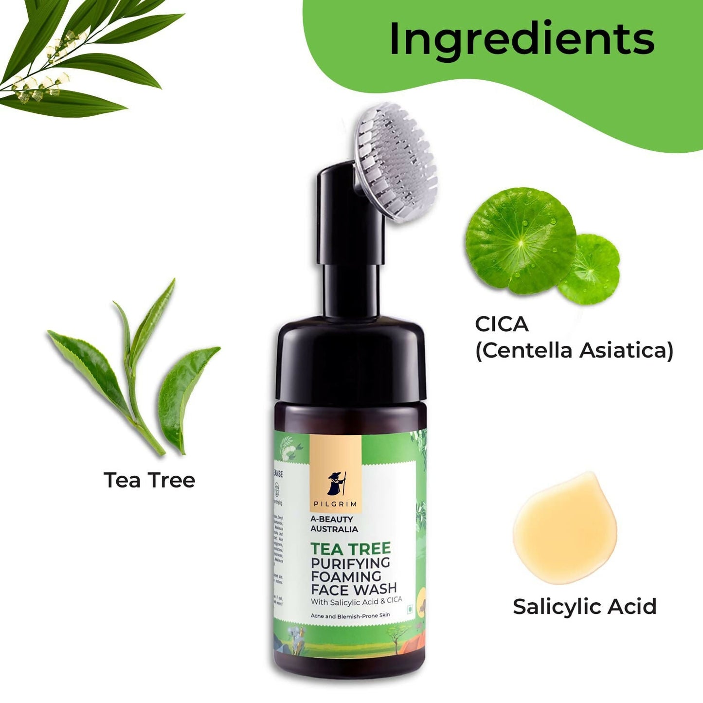 Pilgrim Australian Tea Tree & 1% Salicylic Acid Foaming Face Wash with Brush For Oily Skin, Acne And Pimples