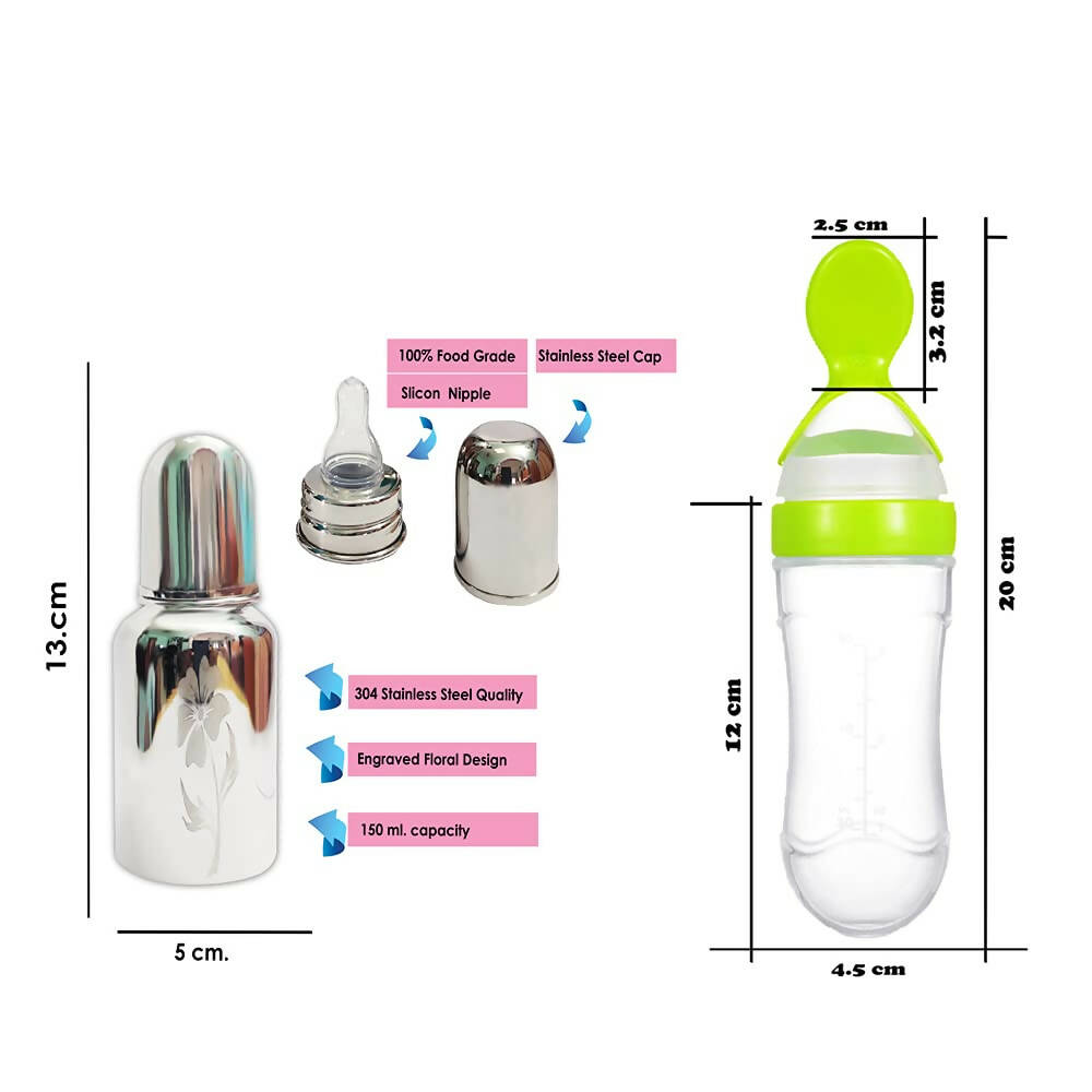 Goodmunchkins Stainless Steel Feeding Bottle & Spoon Food Feeder Anti Colic Silicone Nipple Combo-(Green,150ml)