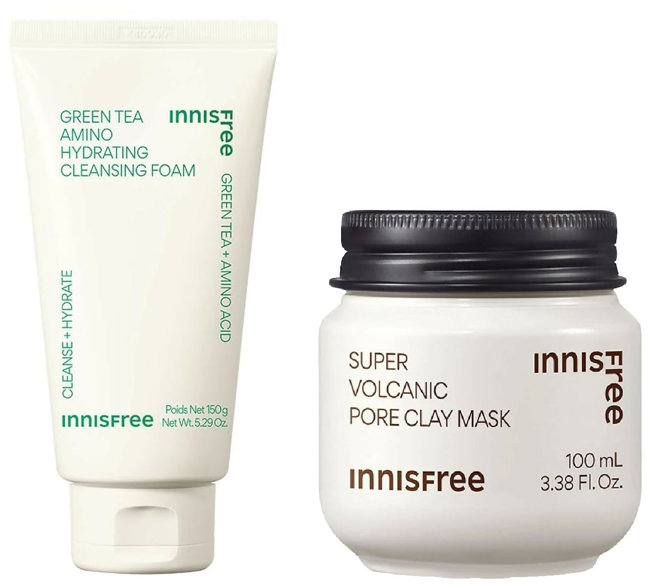 Innisfree Super Volcanic Pore Clay Mask 2x & Green Tea Foam Cleanser Combo - 250ML