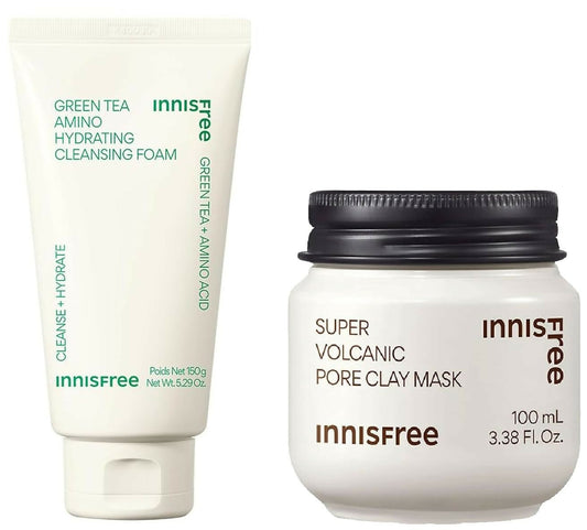 Innisfree Super Volcanic Pore Clay Mask 2x & Green Tea Foam Cleanser Combo - 250ML