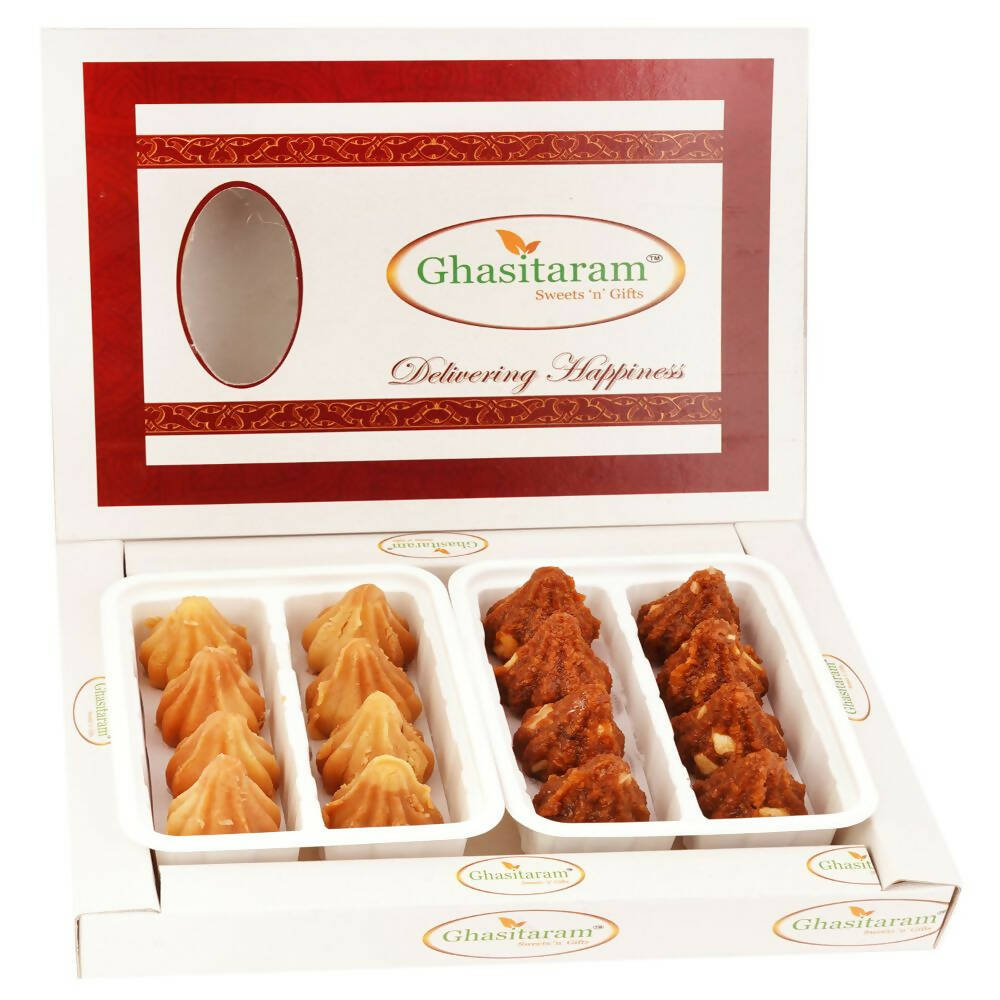 Ghasitaram White Box of Dodha Barfi and Mysore Pak Modaks