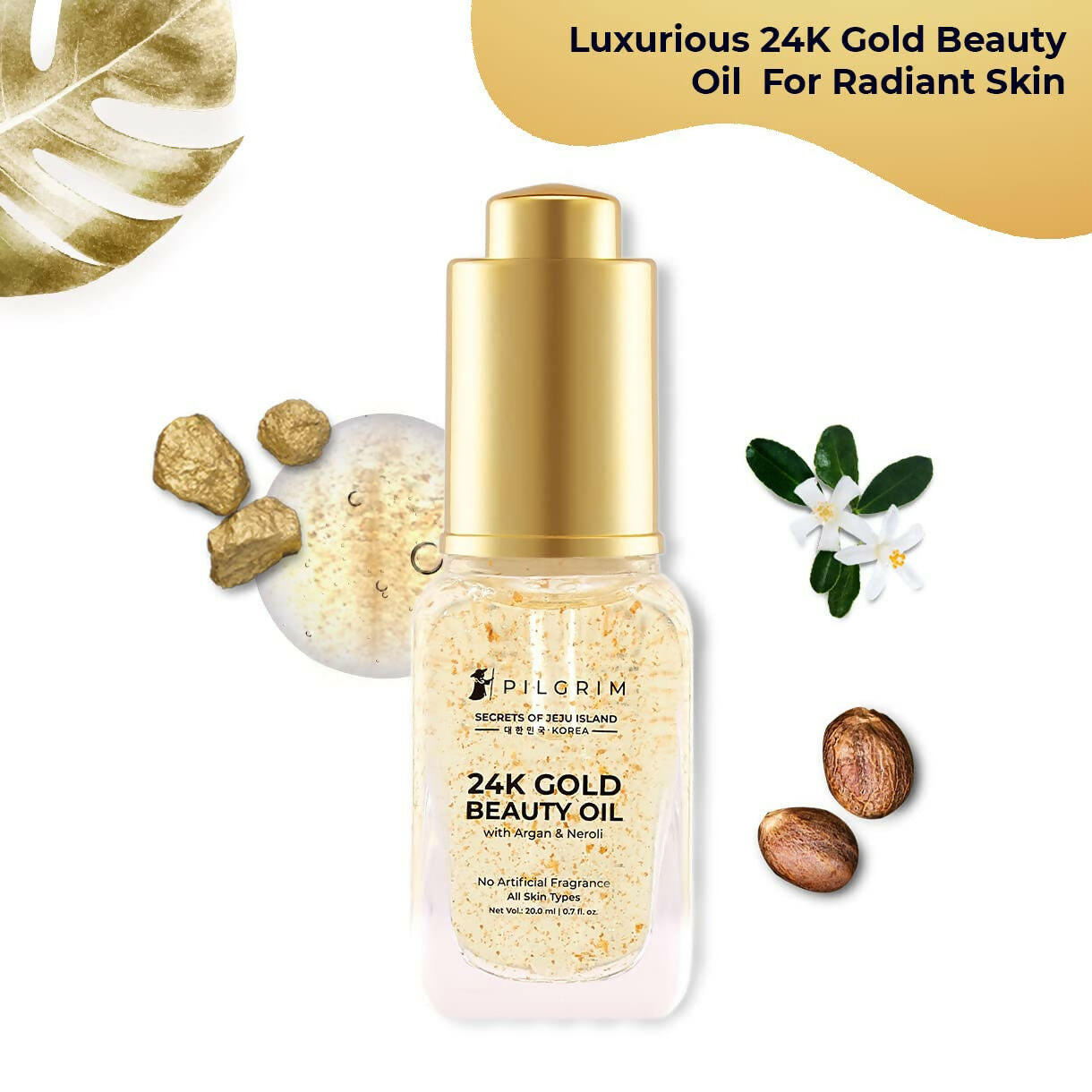 Pilgrim 24K Gold Beauty Oil For Glowing Skin, Deep Nourishing, Anti Aging, Make Up Primer