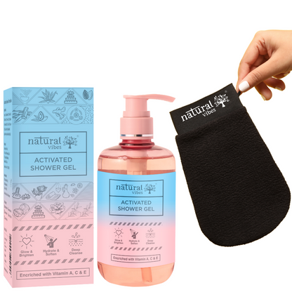 Natural Vibes Deep Cleanse & Exfoliating Routine - Shower Gel Body Wash & Scrubbing Glove - BUDEN