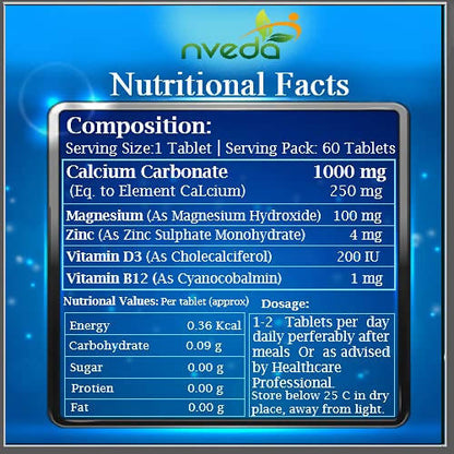 Nveda Calcium Magnesium Zinc Vitamin D3 & B12 Tablets