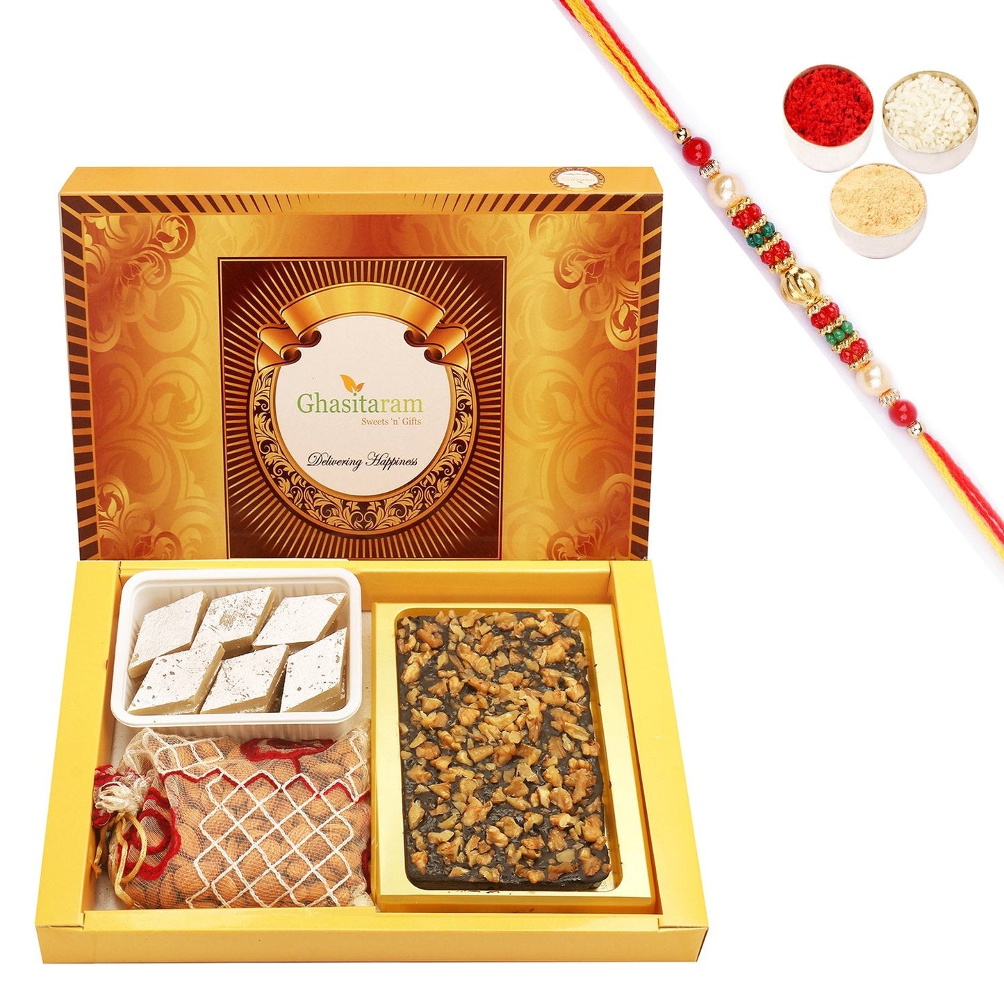 Ghasitaram Walnut Chocolate Bark, Almonds and Kaju Katli With Pearl Beads Rakhi