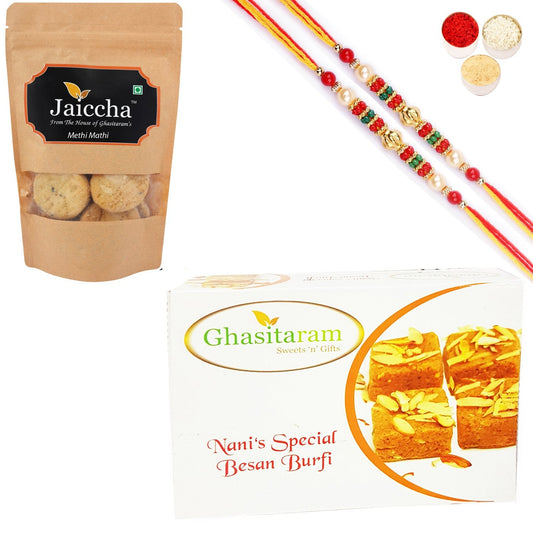 Ghasitaram Besan Barfi and Methi Mathi With 2 Pearl Beads Rakhis