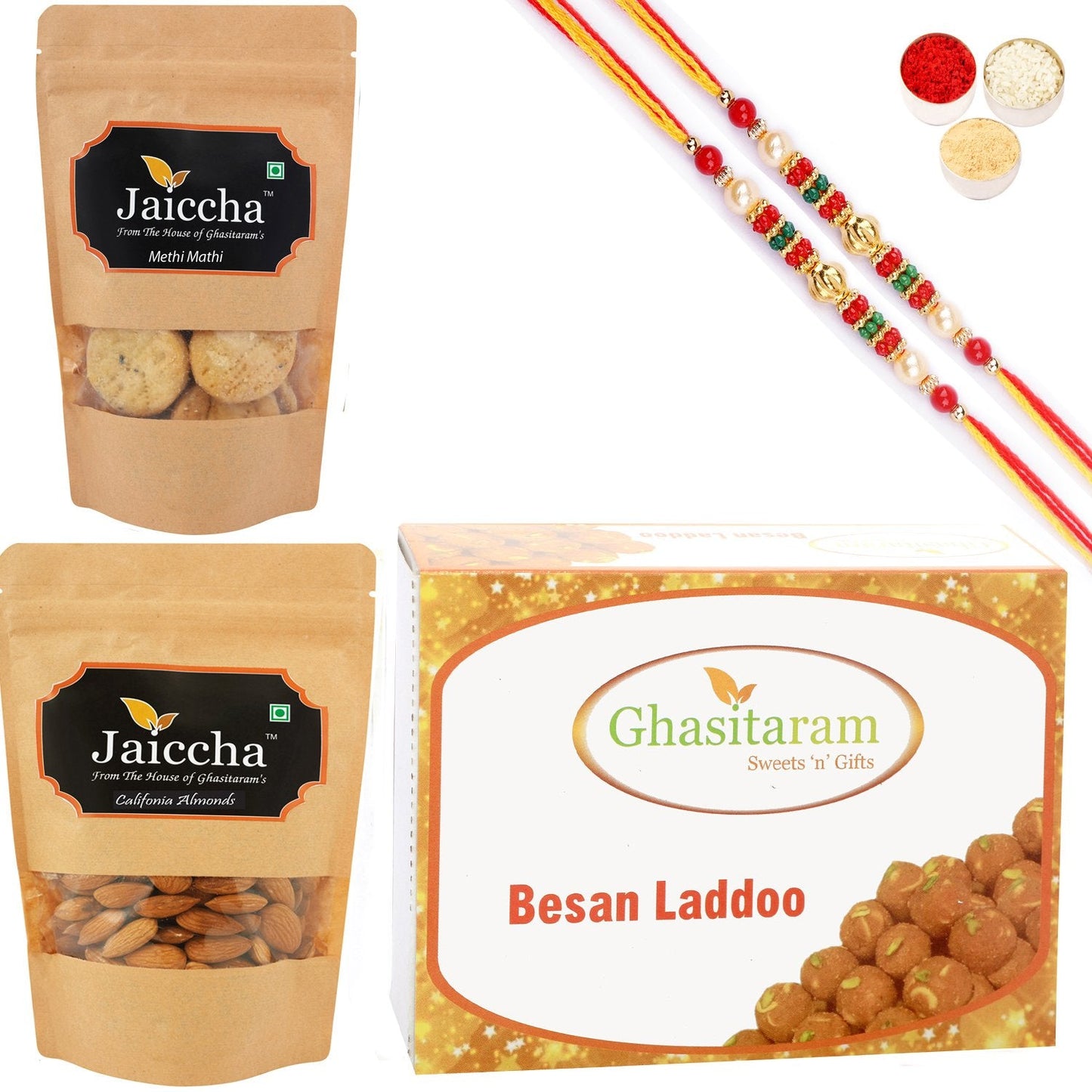 Ghasitaram Besan Laddoo, Methi Mathi and Almonds With 2 Pearl Beads Rakhis