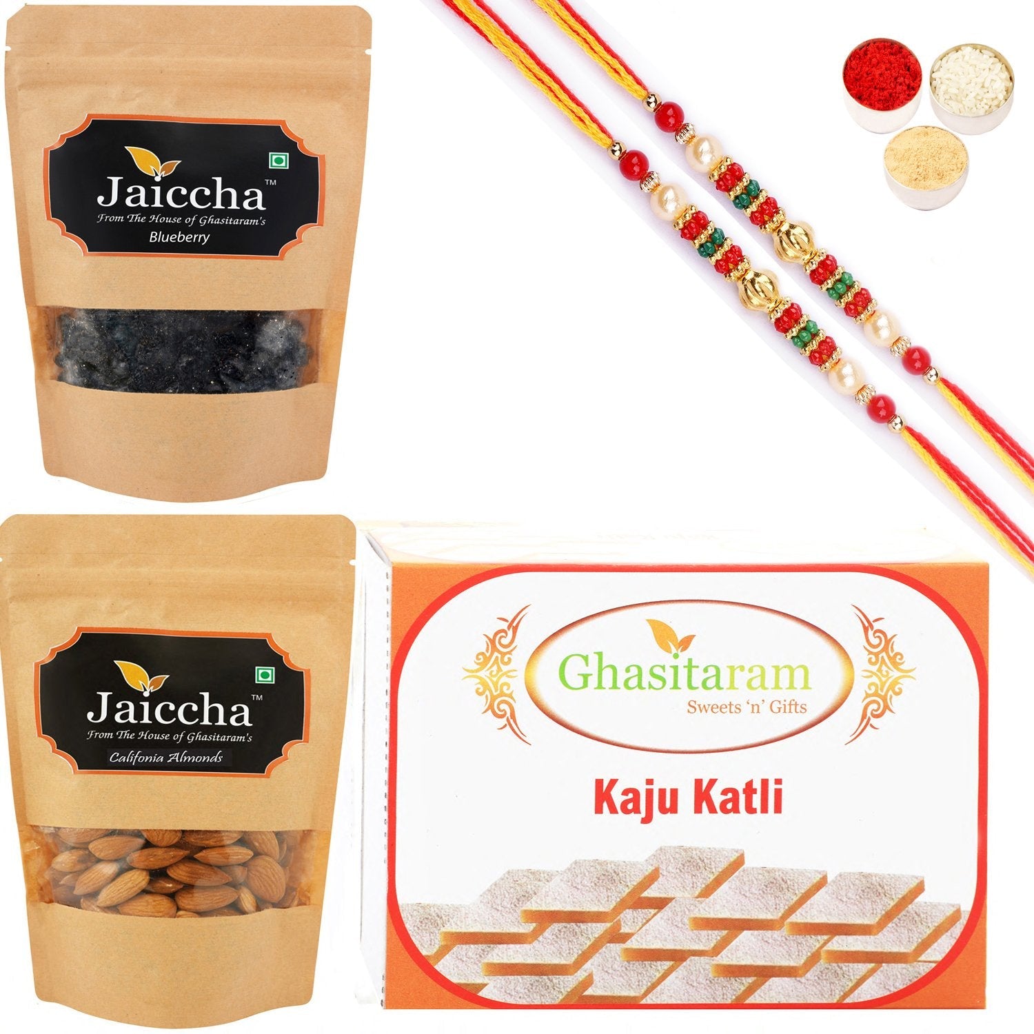 Ghasitaram Kaju Katli ,Blueberry and Almonds Pouch With 2 Pearl Beads Rakhis