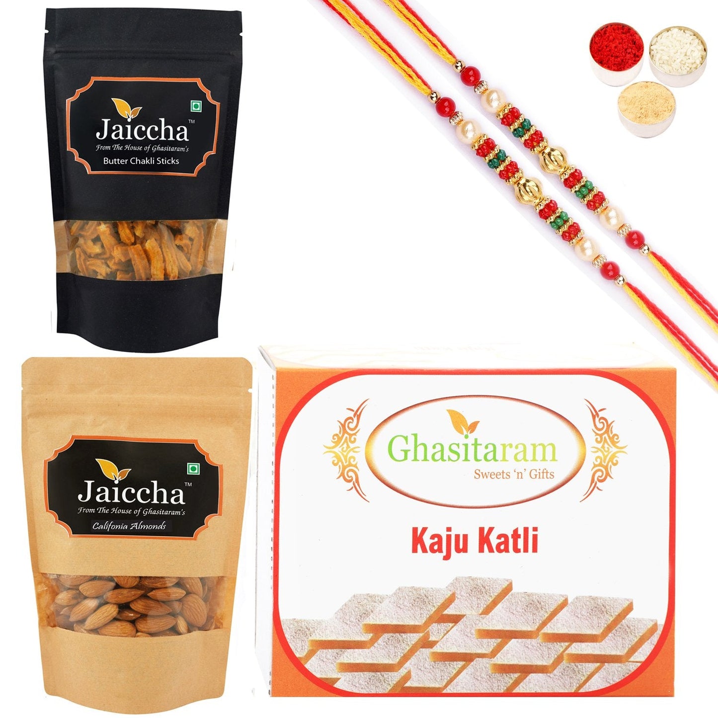 Ghasitaram Kaju Katli, Butter Chakli Sticks and Almonds With 2 Pearl Beads Rakhis