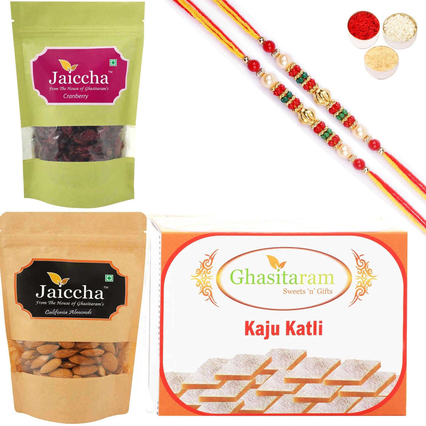 Ghasitaram Kaju Katli ,Cranberry and Almonds Pouch With 2 Pearl Beads Rakhis