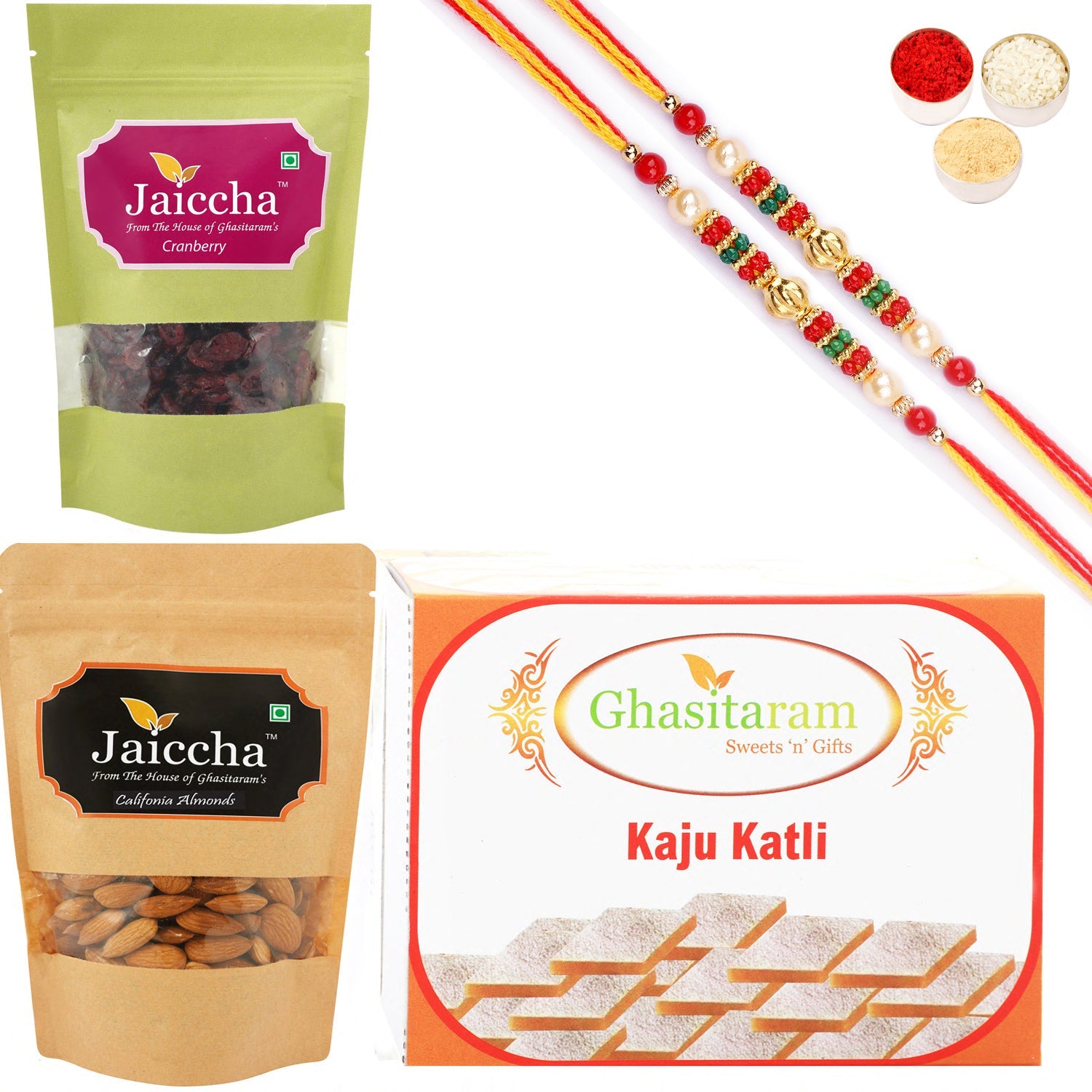 Ghasitaram Kaju Katli ,Cranberry and Almonds Pouch With 2 Pearl Beads Rakhis