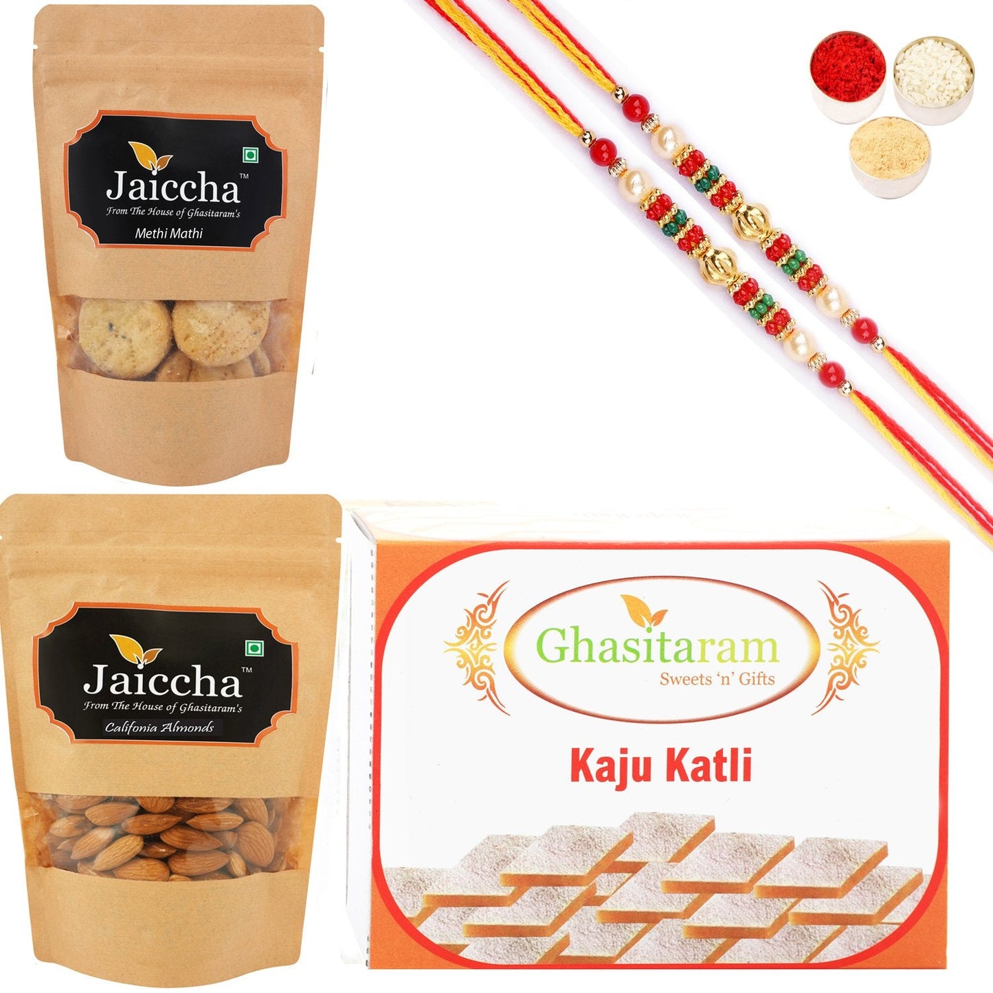 Ghasitaram Kaju Katli, Methi Mathi and Almonds With 2 Pearl Beads Rakhis