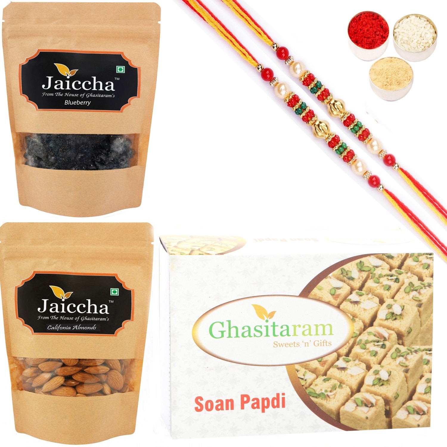 Ghasitaram Soan Papdi ,Blueberry and Almonds Pouch With 2 Pearl Beads Rakhis