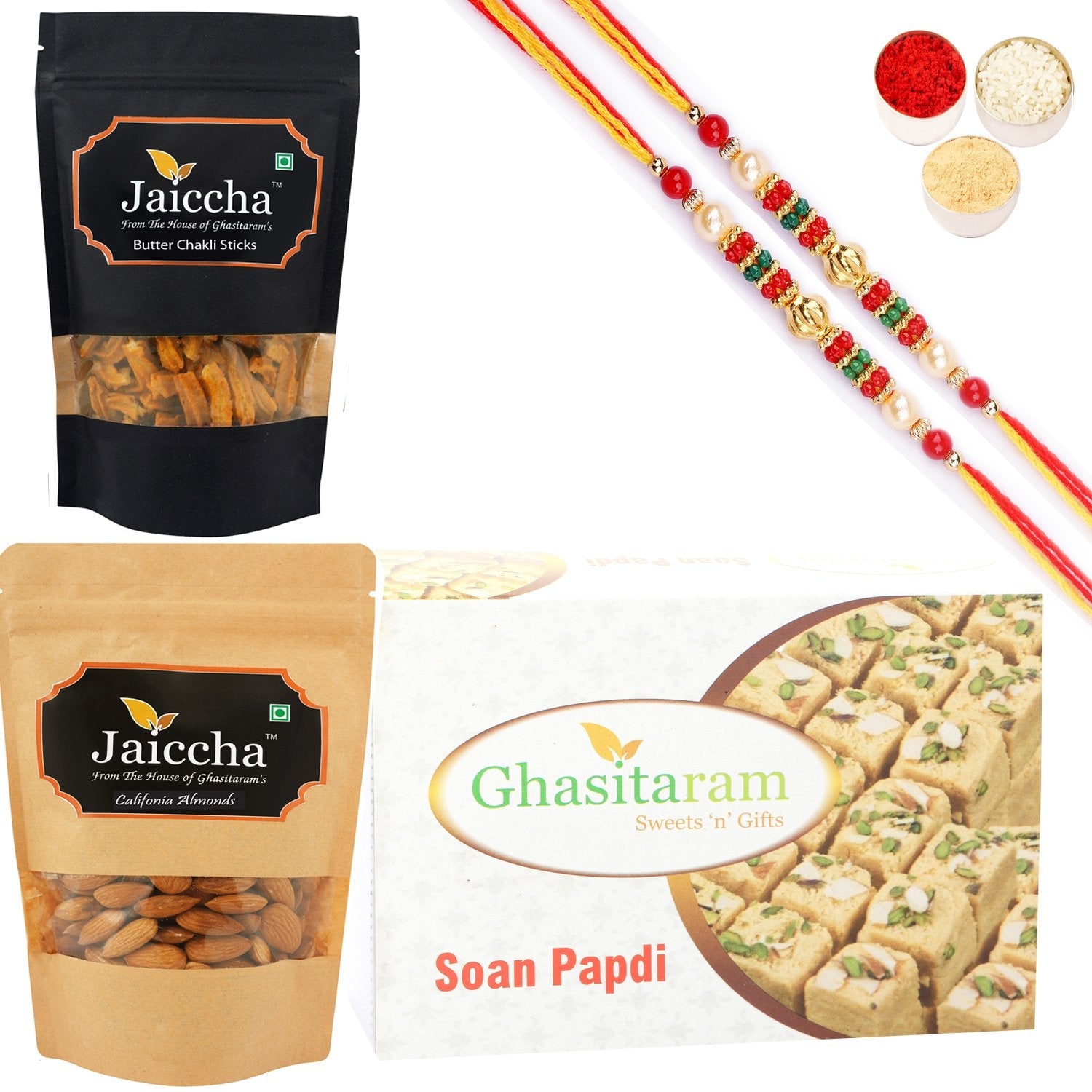 Ghasitaram Soan Papdi, Butter Chakli Sticks and Almonds With 2 Pearl Beads Rakhis