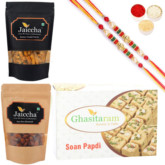 Ghasitaram Soan Papdi, Butter Chakli Sticks and Peri Peri Almonds With 2 Pearl Beads Rakhis
