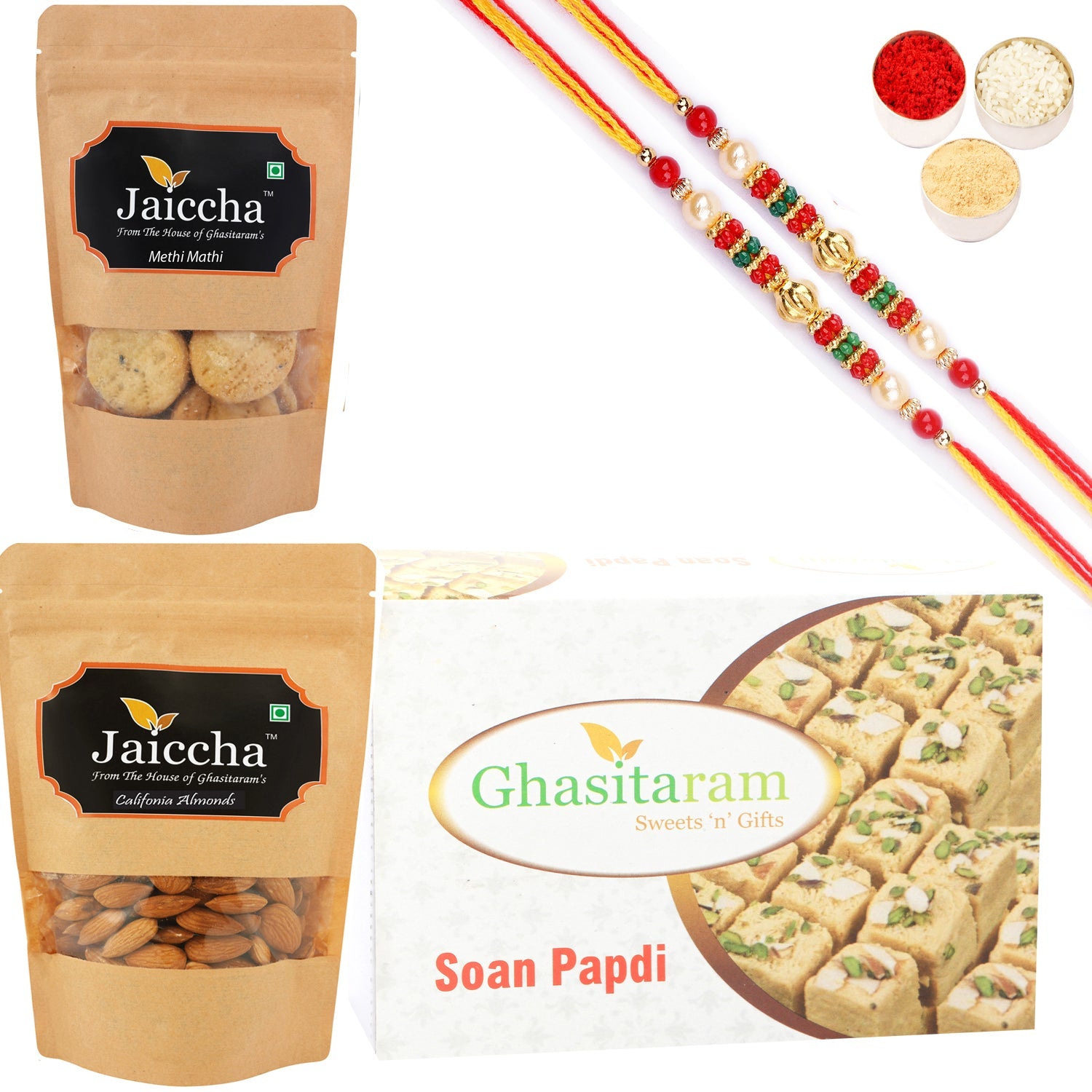 Ghasitaram Soan Papdi, Methi Mathi and Almonds With 2 Pearl Beads Rakhis