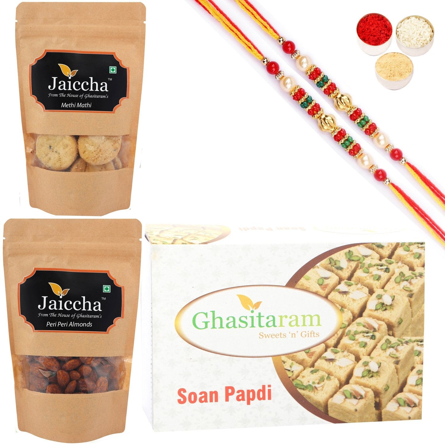 Ghasitaram Soan Papdi, Methi Mathi and Peri Peri Almonds With 2 Pearl Beads Rakhis