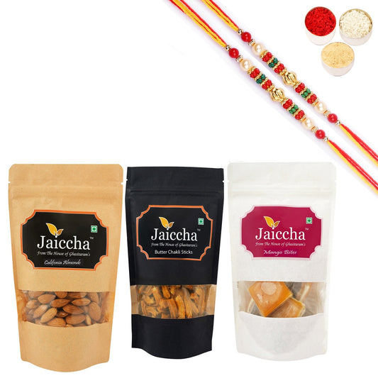 Ghasitaram Jaiccha Mango Bites, Butter Chakli Sticks and Almonds With 2 Pearl Beads Rakhis