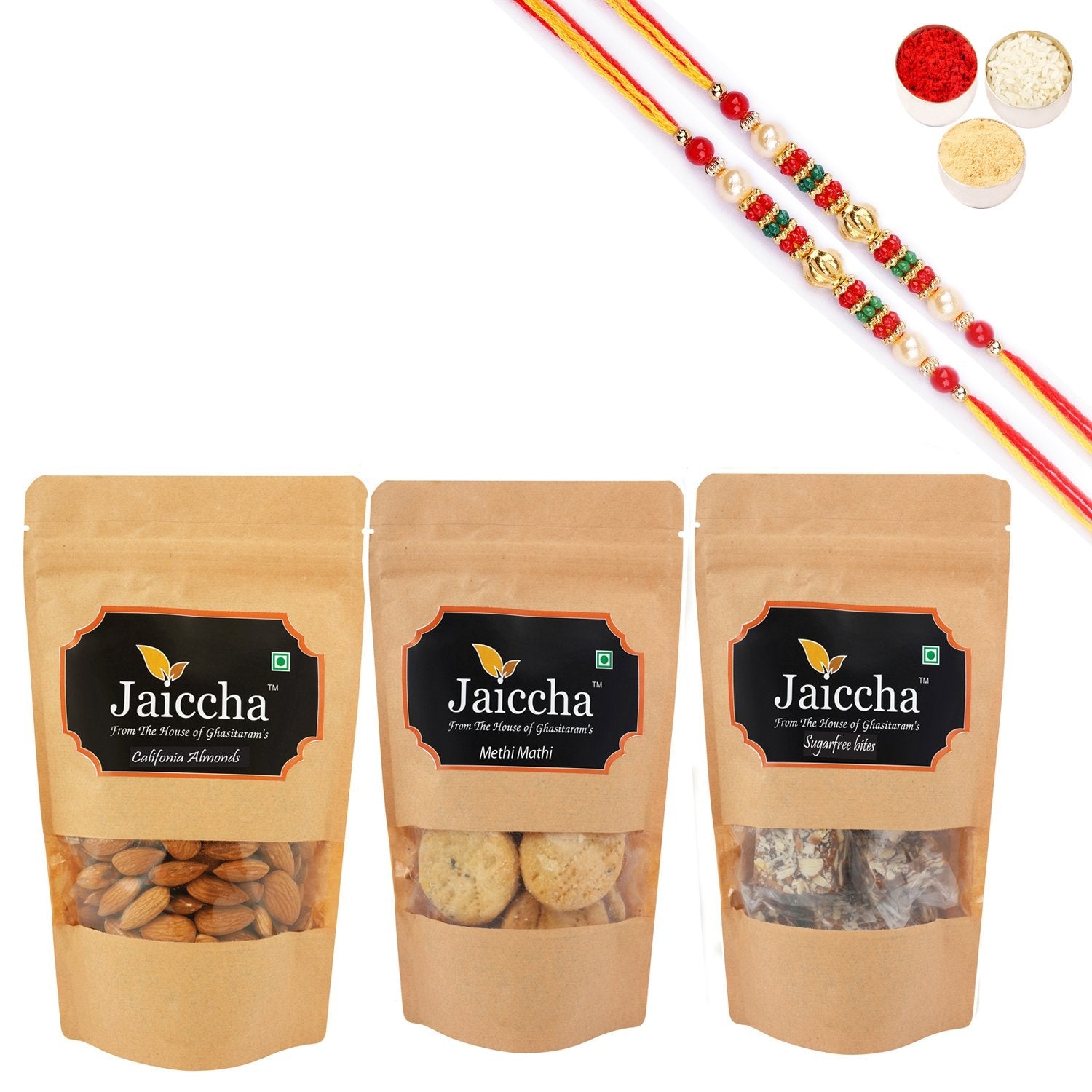 Ghasitaram Jaiccha Suagrfree Bites,Methi Mathi and Almonds With 2 Pearl Beads Rakhis