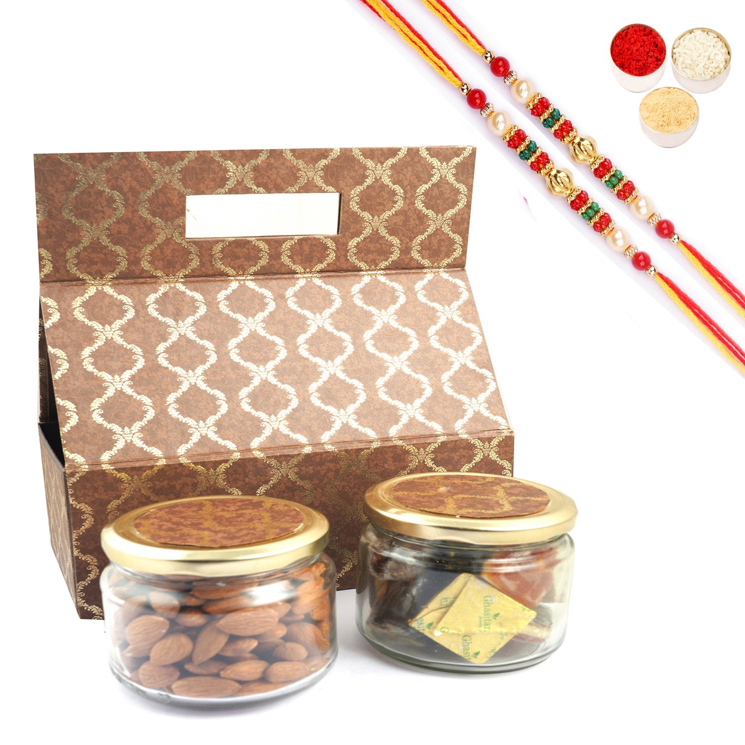 Ghasitaram Assorted Bites and Almonds With 2 Pearl Beads Rakhis