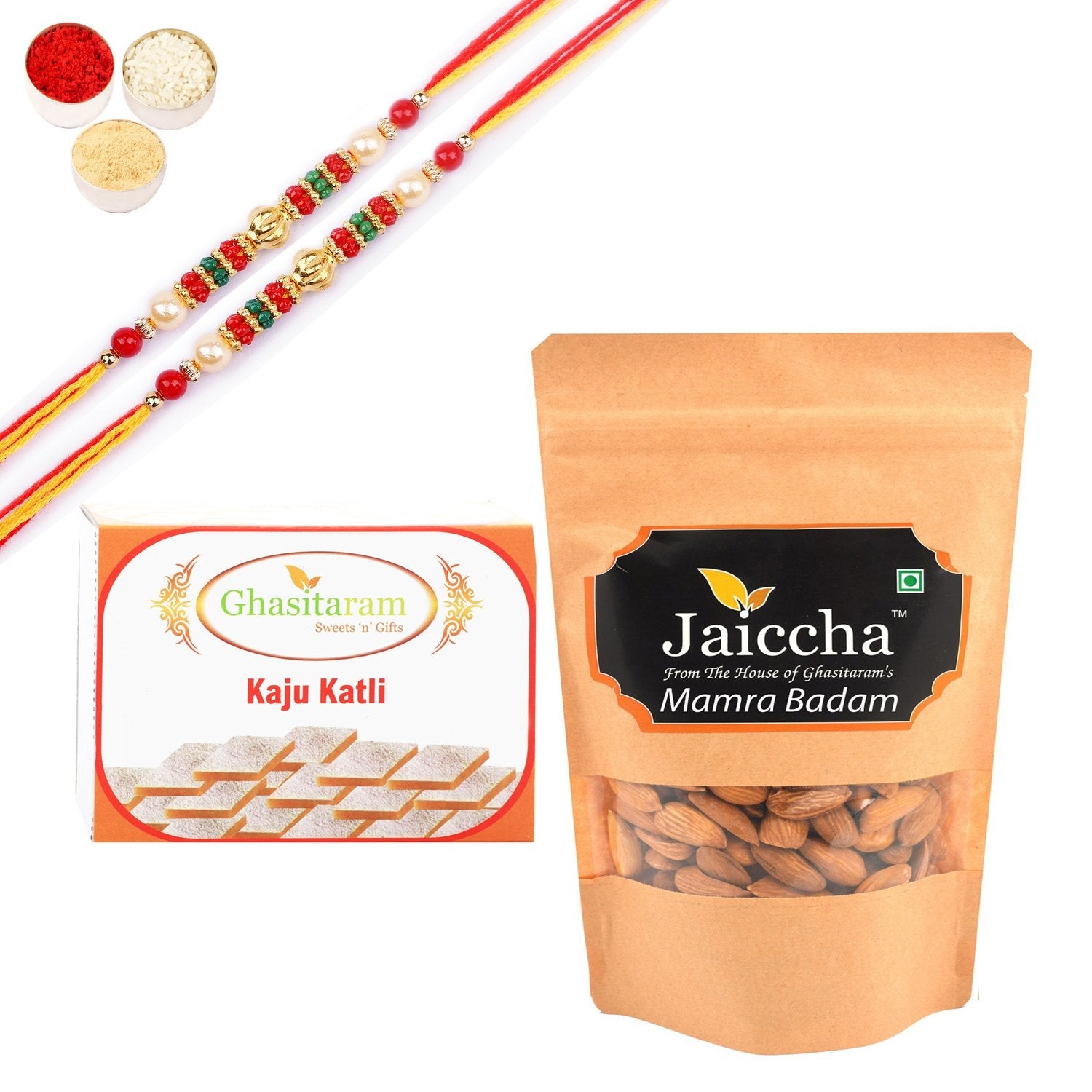 Ghasitaram Kaju Katlis,and Mamra Almonds With Pearl Beads Rakhi