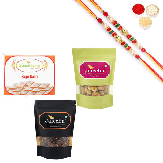 Ghasitaram Kaju Katlis,Protein Cashews and Banarsi Paan With Pearl Beads Rakhi